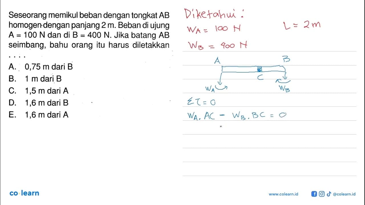 Seseorang memikul beban dengan tongkat AB homogen dengan