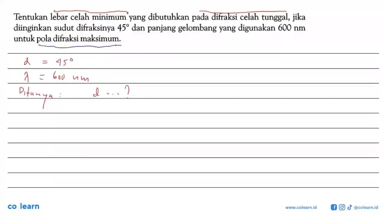 Tentukan lebar celah minimum yang dibutuhkan pada difraksi