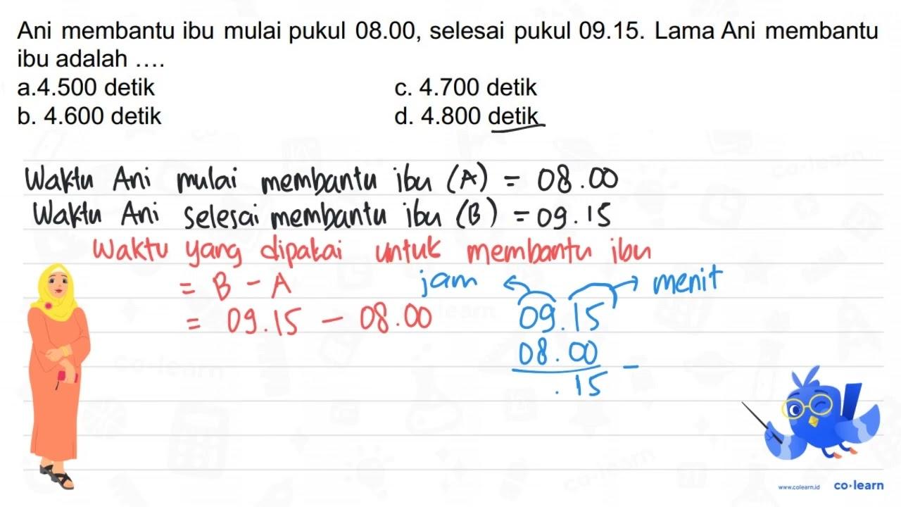 Ani membantu ibu mulai pukul 08.00, selesai pukul 09.15.