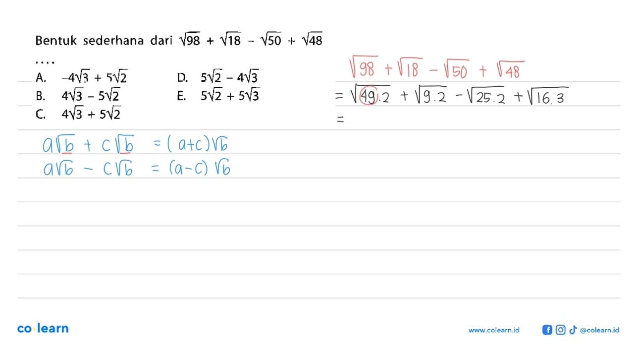 Bentuk sederhana dari akar(98) + akar(18) - akar(50) +