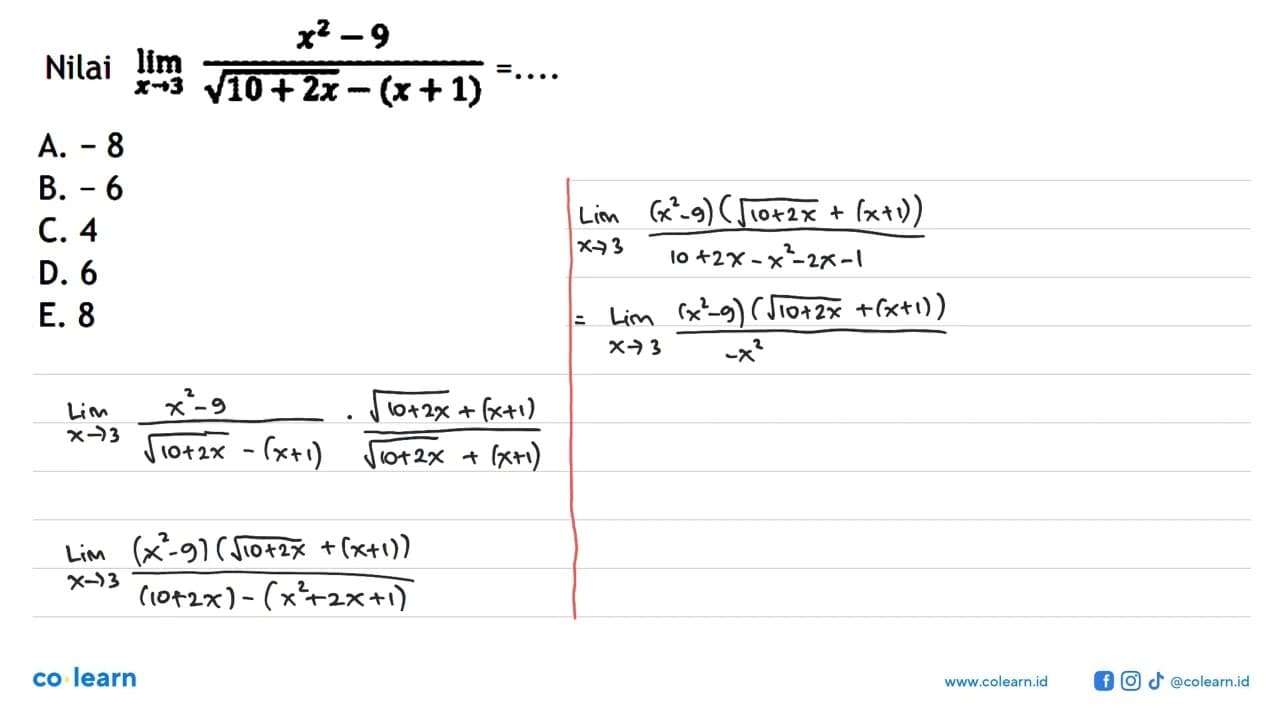 Nilai IIm x->3 (x^2-9)/(akar(10+2x)-(x+1))=...