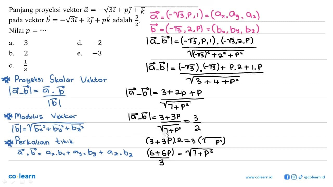 Panjang proyeksi vektor a=-akar(3) i+p j+k pada vektor