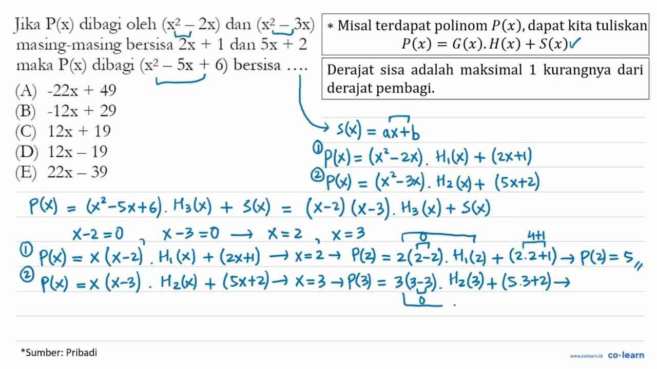 Jika P(x) dibagi oleh (x^2-2x) dan (x^2-3x) masing-masing