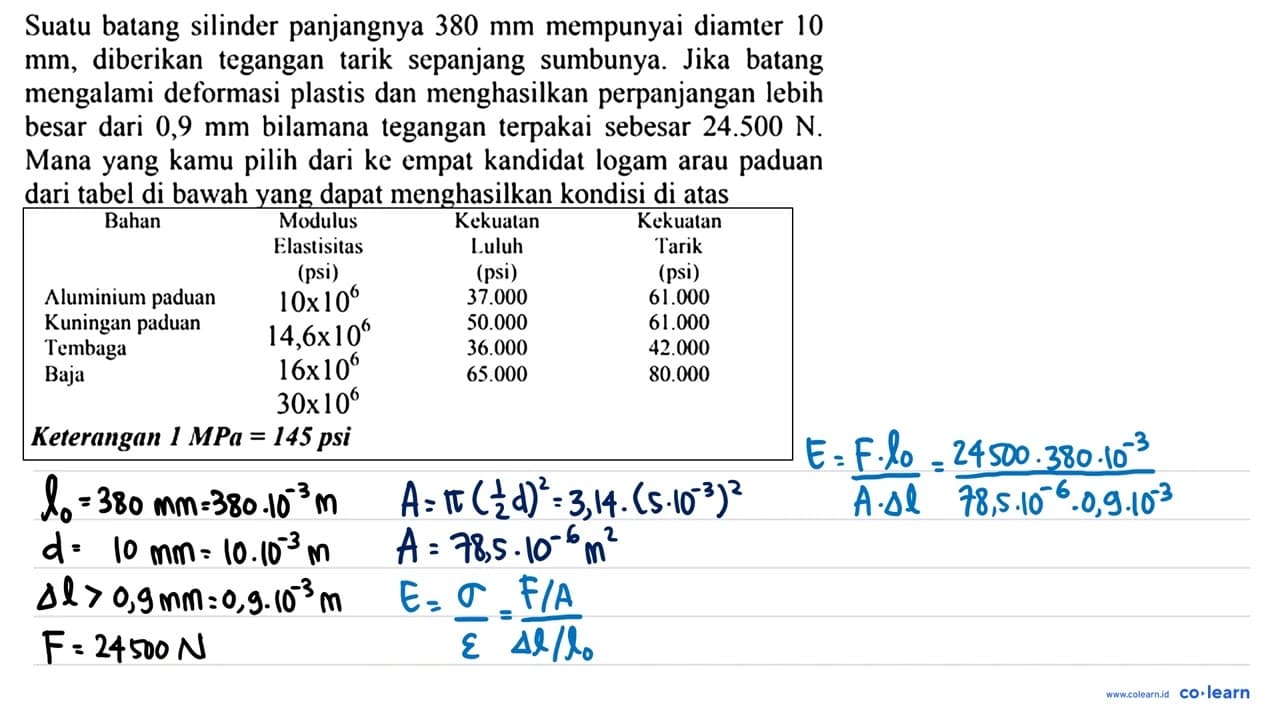 Suatu batang silinder panjangnya 380 mm mempunyai diameter