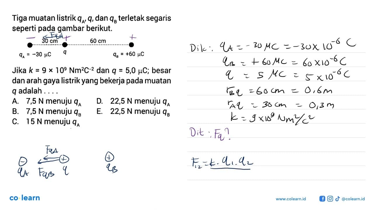 Tiga muatan listrik qA, q, dan qB terletak segaris seperti