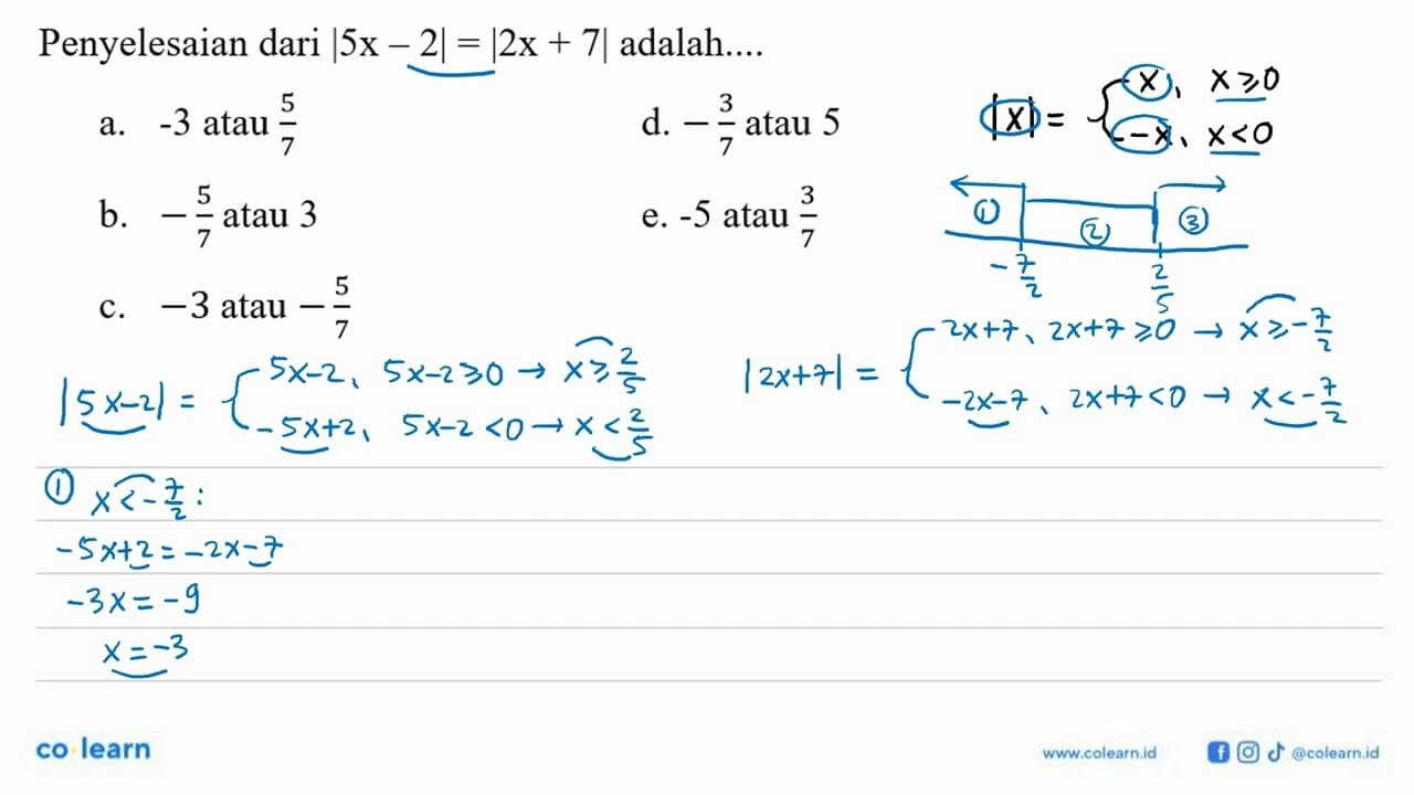 Penyelesaian dari |5x-2|=|2x+7| adalah. ...