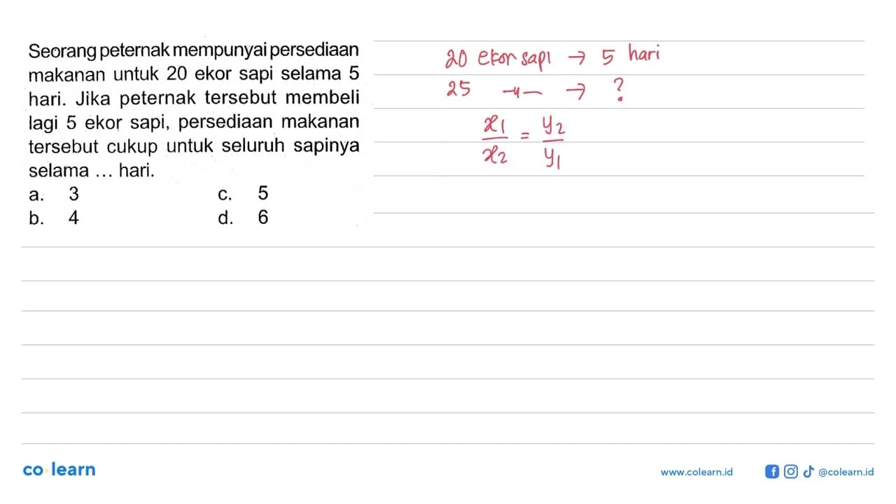 Seorang peternak mempunyai persediaan makanan untuk 20 ekor