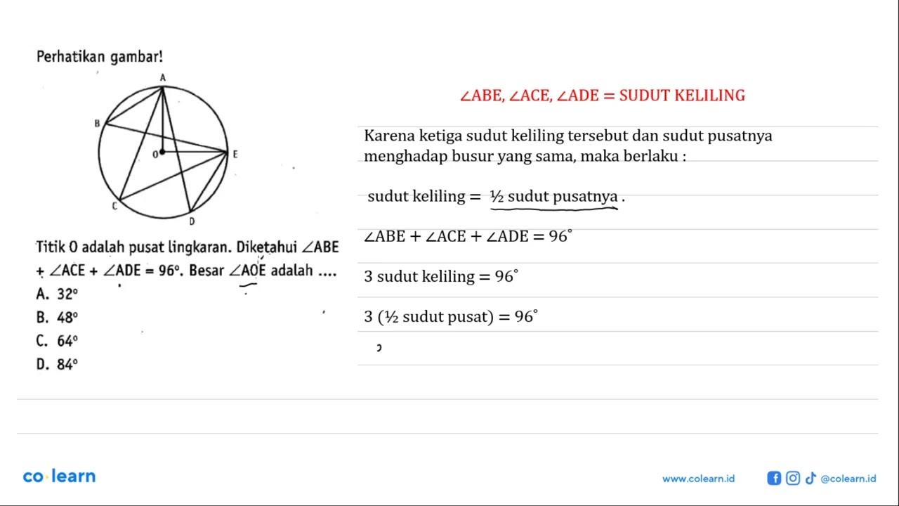 Perhatikan gambar!Titik 0 adalah pusat lingkaran. Diketahui