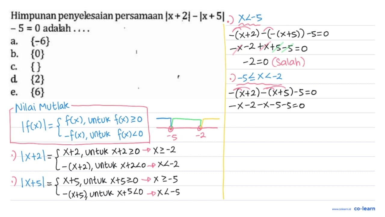 Himpunan penyelesaian persamaan |x+2|-|x+5|-5=0 adalah ....