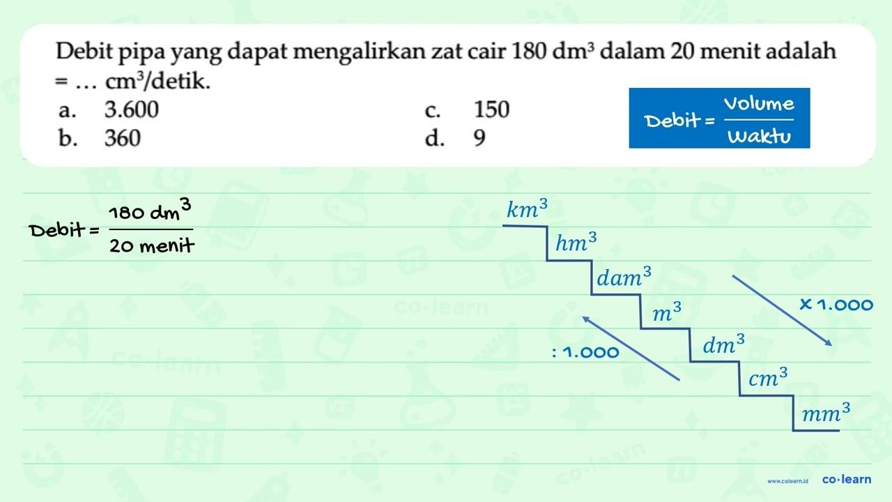 Debit pipa yang dapat mengalirkan zat cair 180 dm^3 dalam