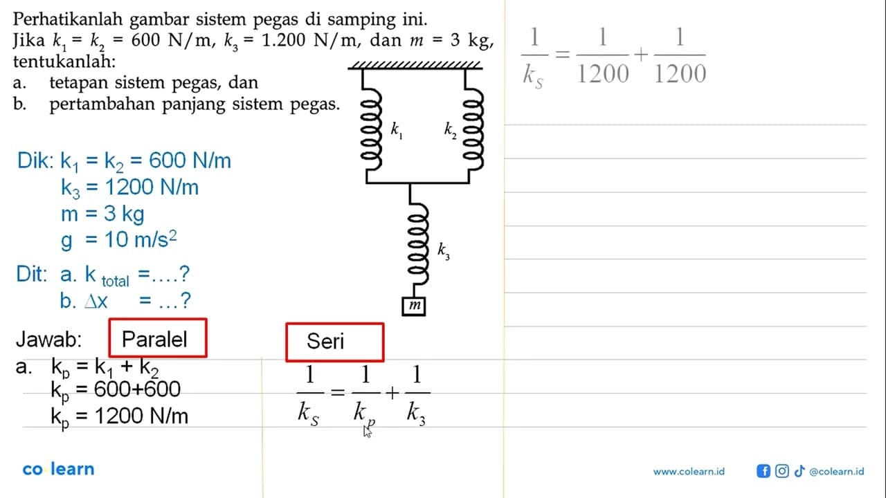 Perhatikanlah gambar sistem pegas di samping ini. Jika k1 =