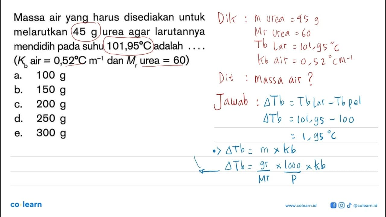 Massa air yang harus disediakan untuk melarutkan 45 g urea