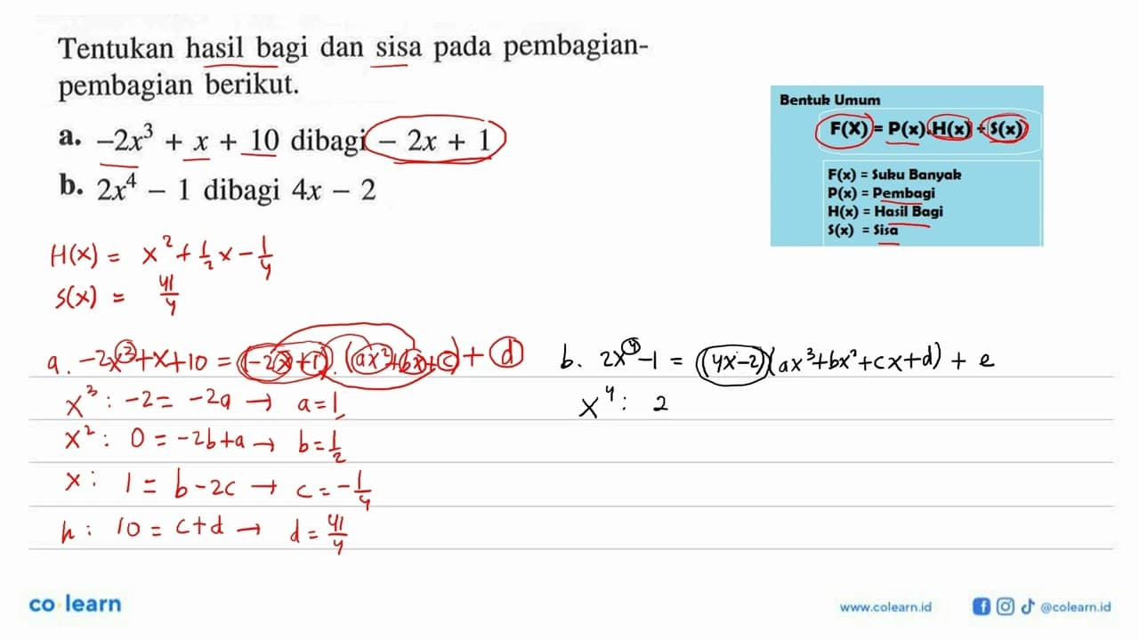 Tentukan hasil bagi dan sisa pembagian pada pembagian