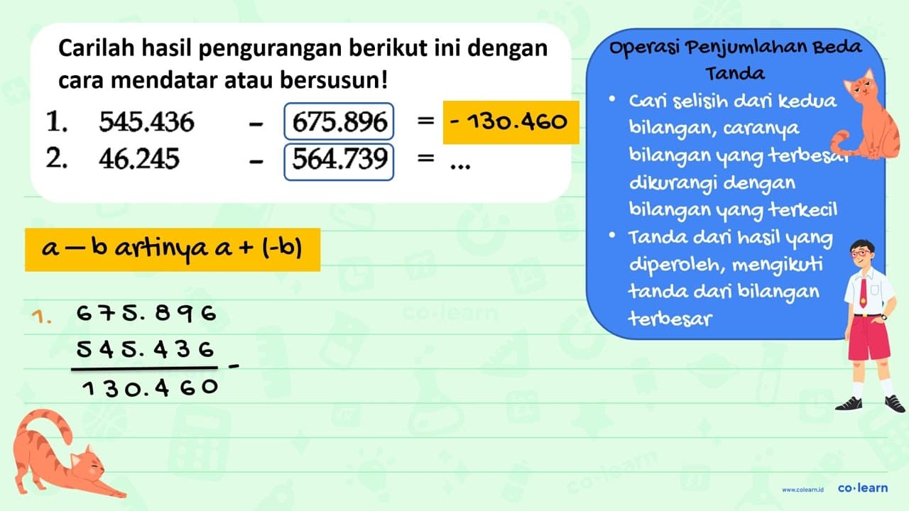 1. 545.436 - 675.896 = ... 2. 46.245 - 564.739 = ...