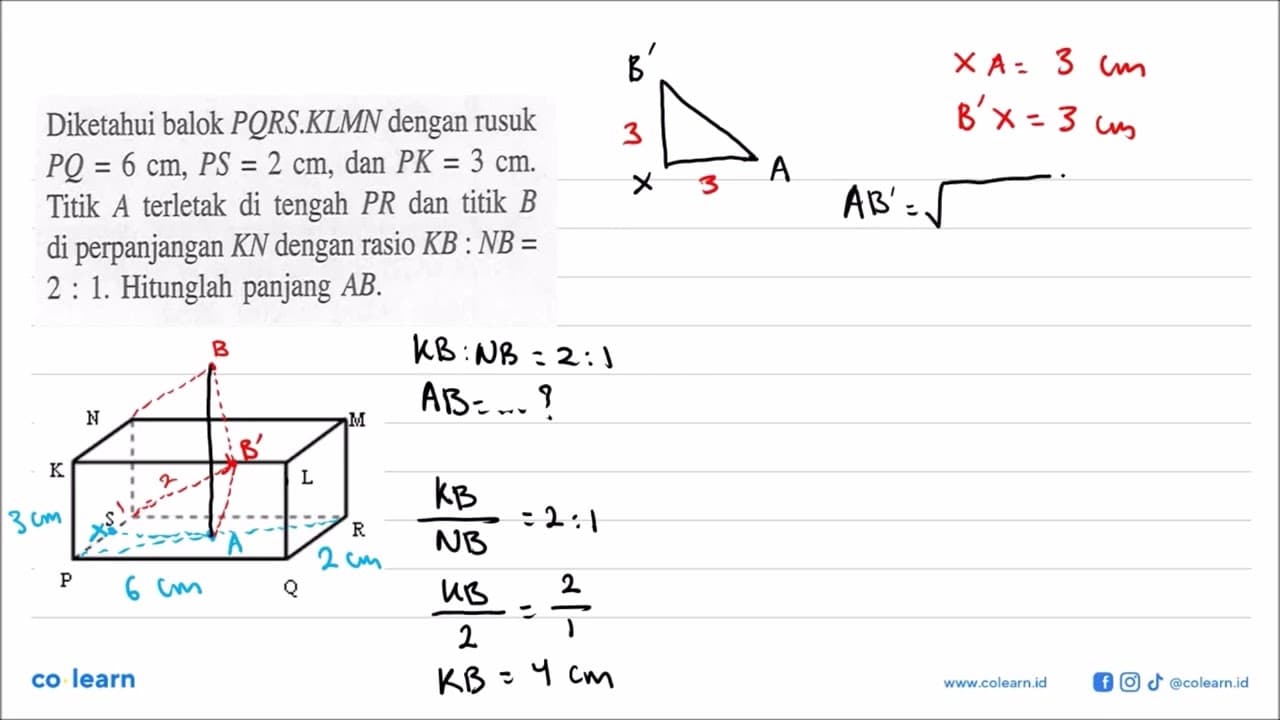 Diketahui balok PQRS.KLMN dengan rusuk PQ=6 cm, PS=2 cm,