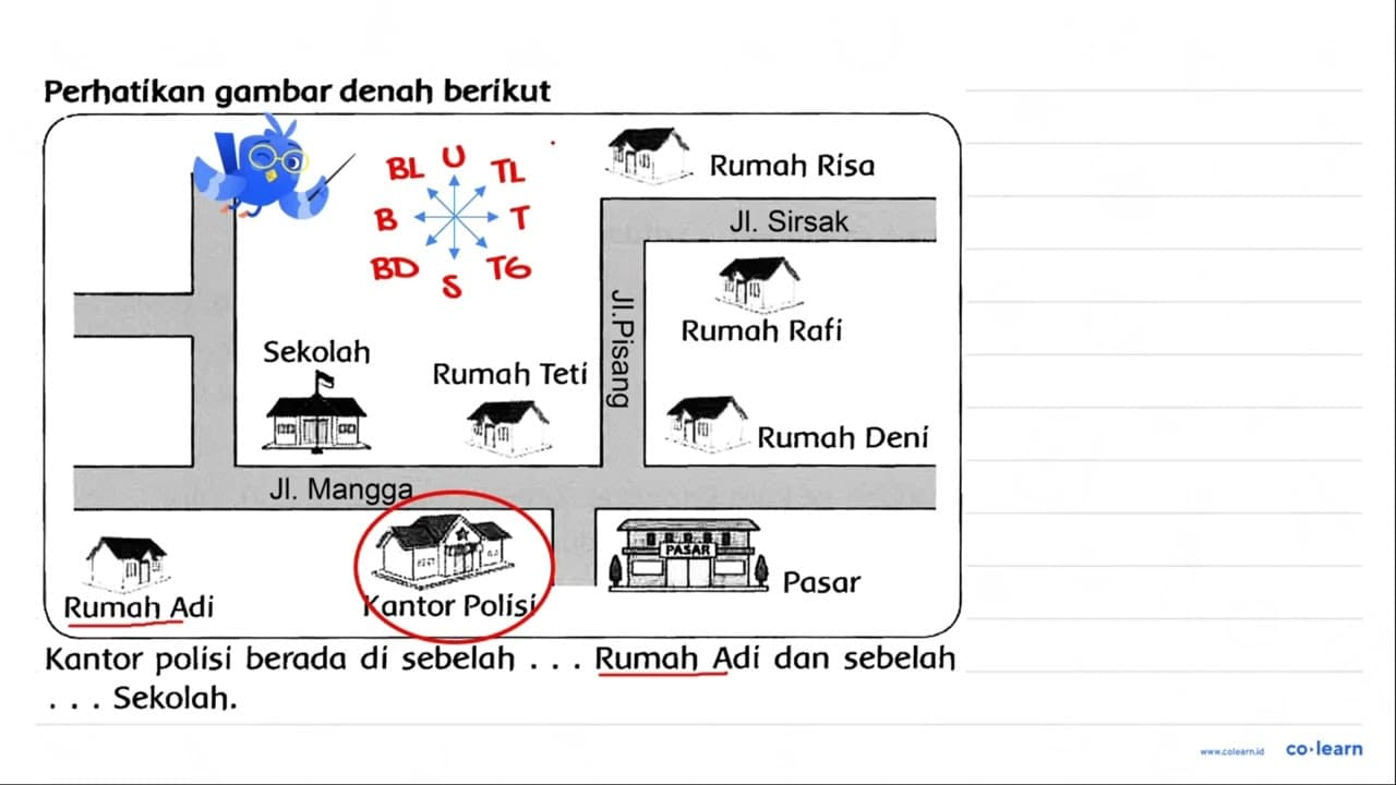 Perhatikan gambar denah berikut Kantor polisi berada di