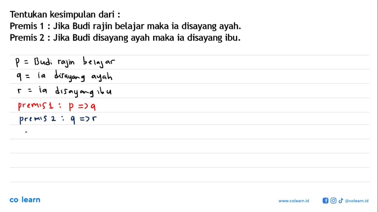 Tentukan kesimpulan dari :Premis 1 : Jika Budi rajin