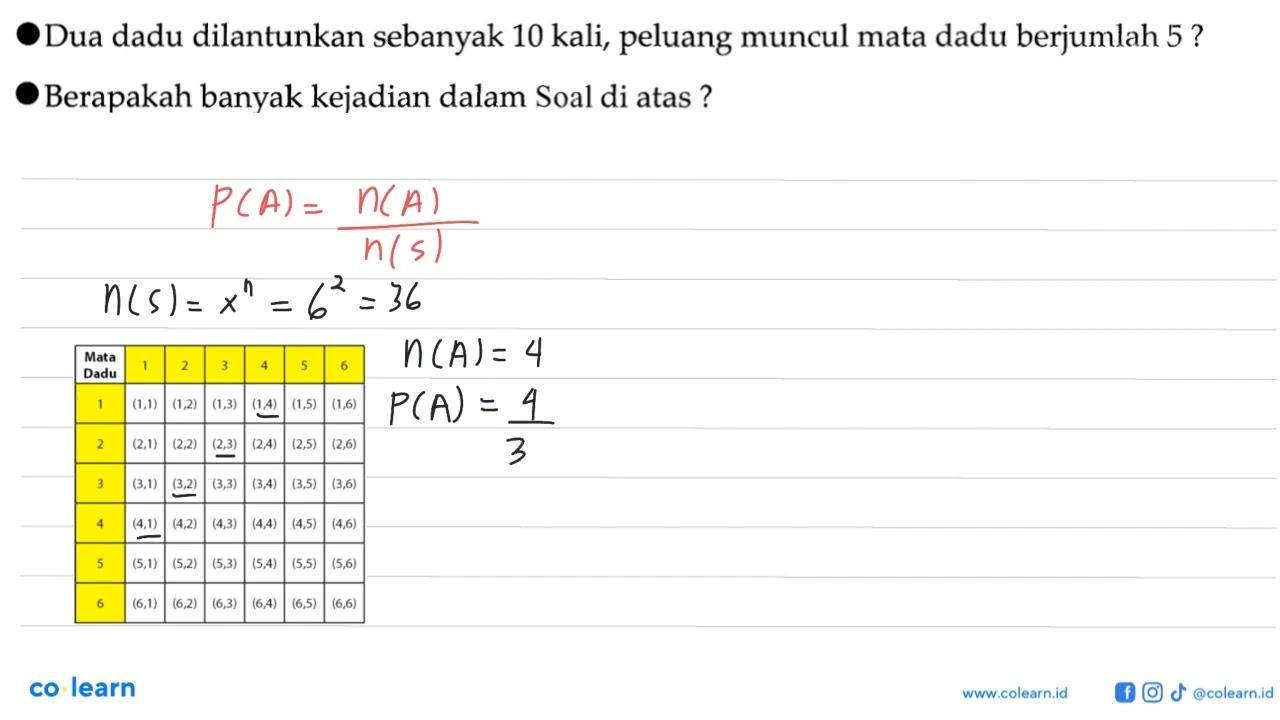 Dua dadu dilantunkan sebanyak 10 kali, peluang muncul mata