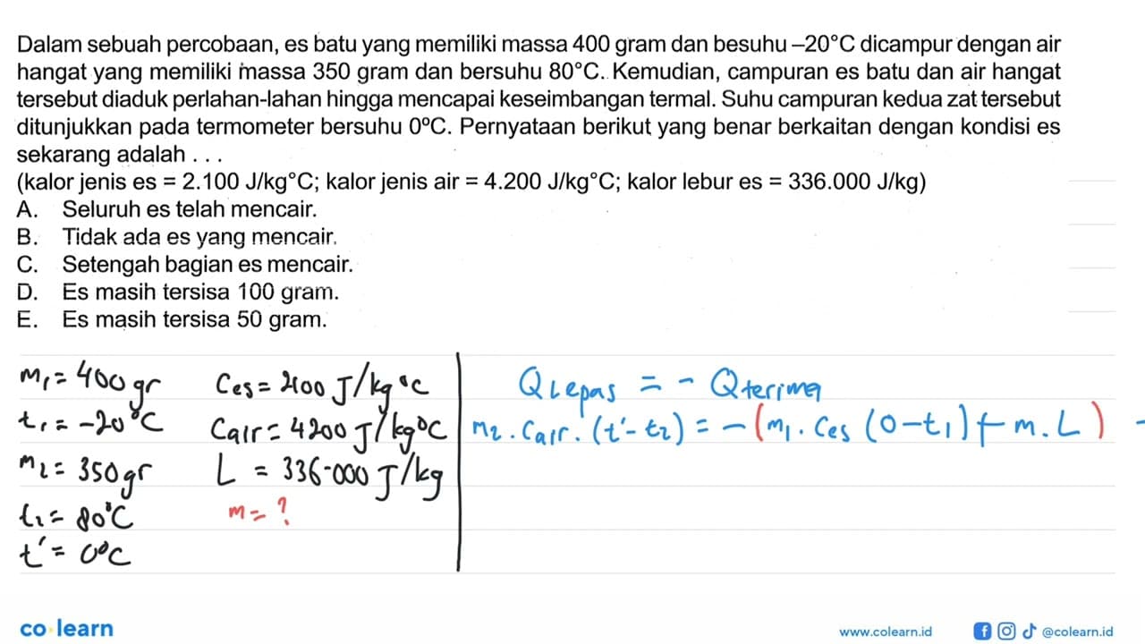 Dalam sebuah percobaan, es batu yang memiliki massa 400