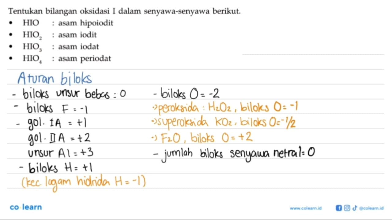 Tentukan bilangan oksidasi I dalam senyawa-senyawa berikut.