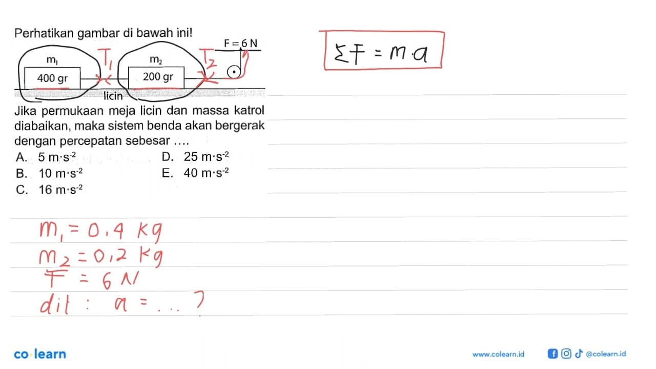 Perhatikan gambar di bawah ini!m1 m2 F=6N 400 gr 200 gr