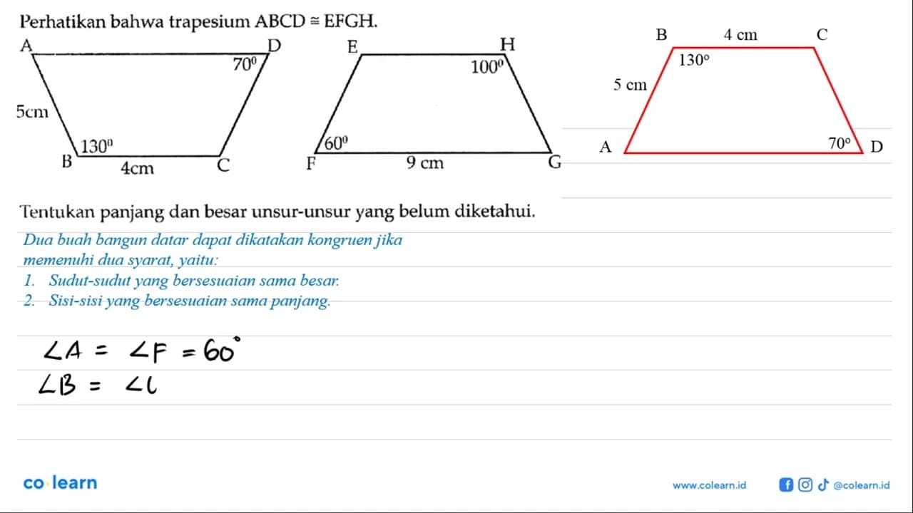 Perhatikan bahwa trapesium ABCD kongruen EFGH. ABCD 5 cm