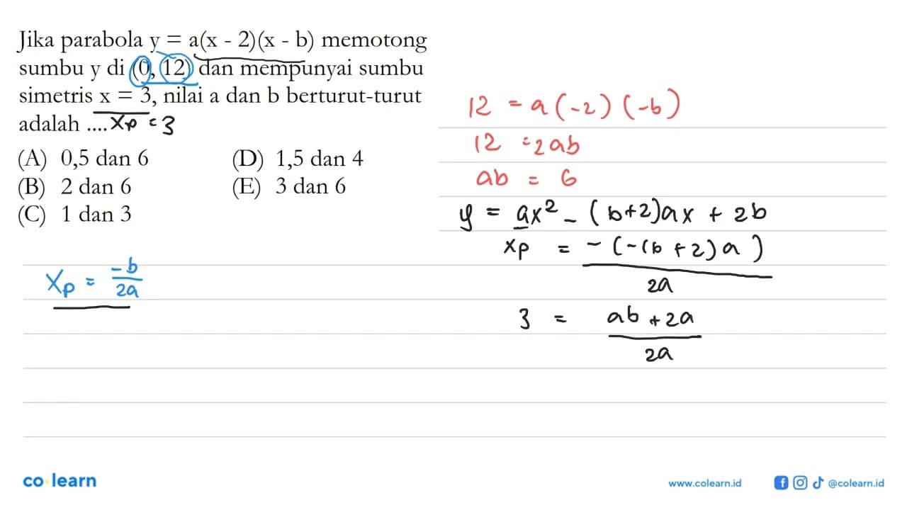 Jika parabola y = a(x - 2)(x - b) memotong sumbu y di (0,