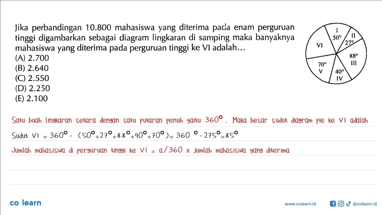 Jika perbandingan 10.800 mahasiswa yang diterima pada enam