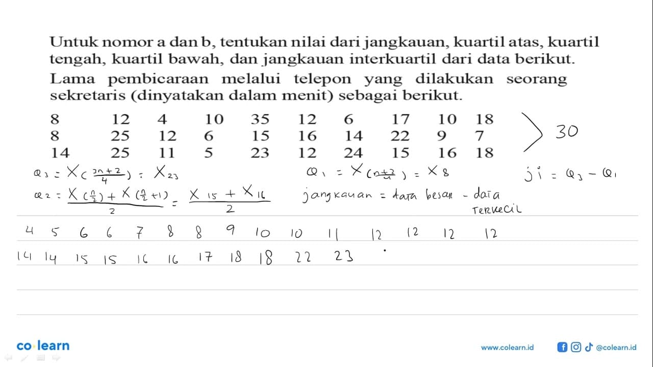 Untuk nomor a dan b, tentukan nilai dari jangkauan, kuartil