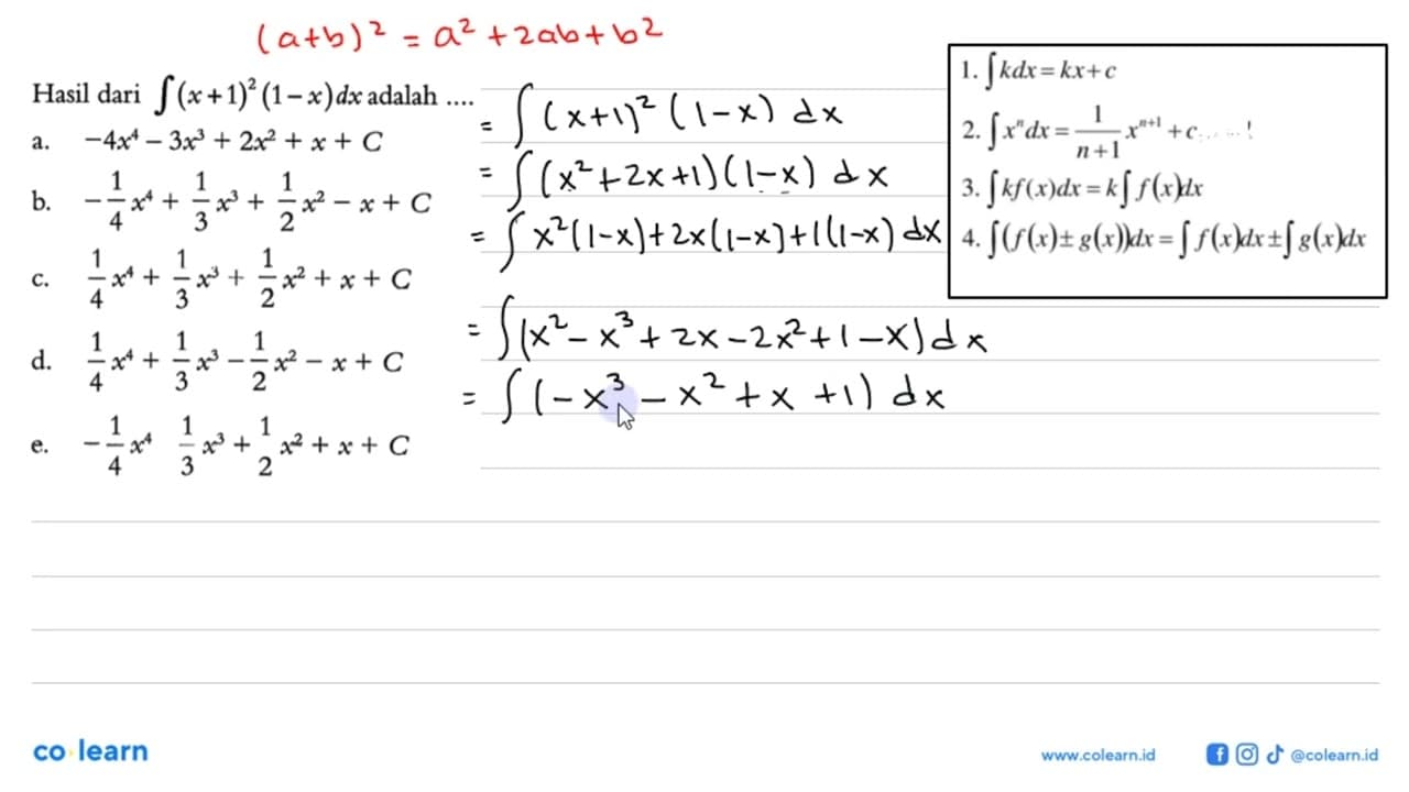 Hasil dari integral (x+1)^2(1-x)dx adalah ....