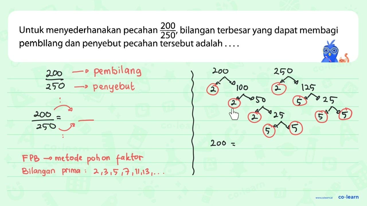 Untuk menyederhanakan pecahan 200/250, bilangan terbesar