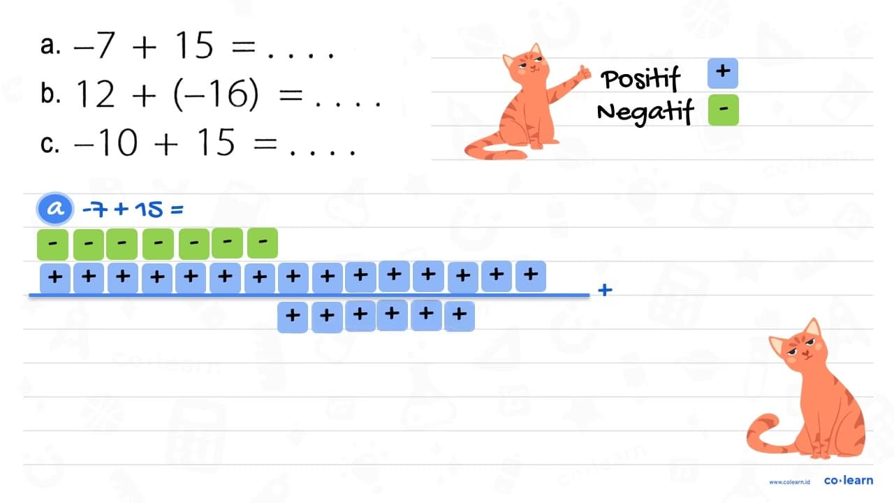 a. -7 + 15 = ... b. 12 + (-16) = ... c. -10 + 15 = ...