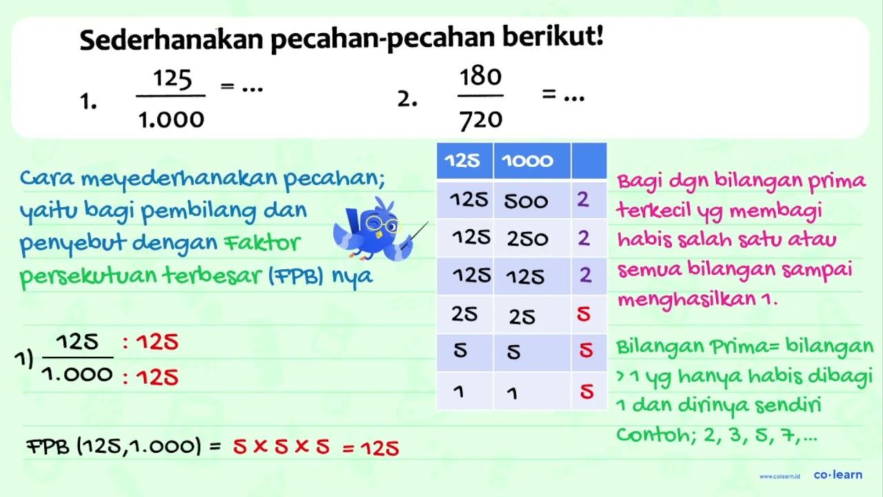 Sederhanakan pecahan-pecahan berikut! 1. (125)/(1.000)=...