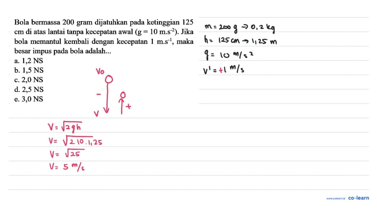 Bola bermassa 200 gram dijatuhkan pada ketinggian 125 cm di