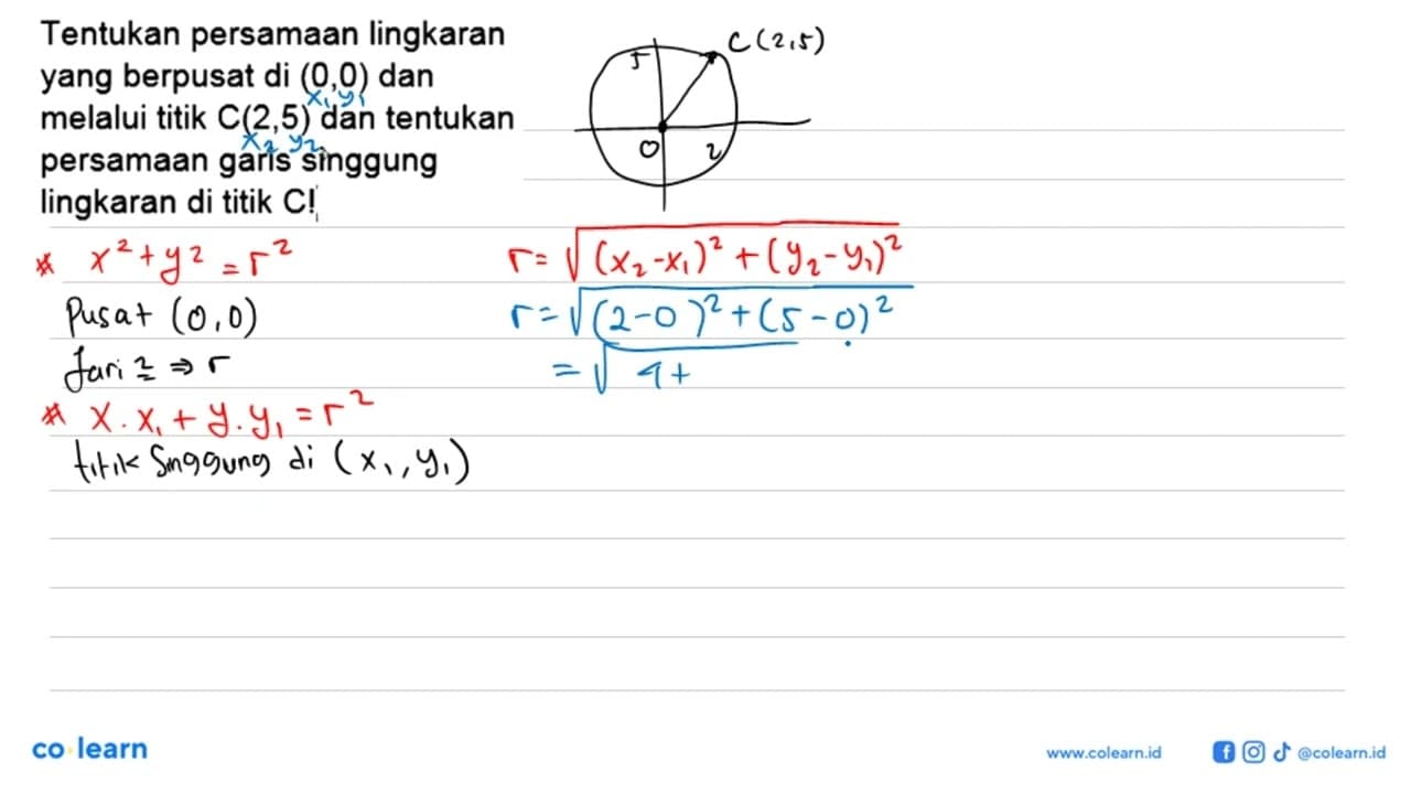 Tentukan persamaan lingkaran yang berpusat di (0,0) dan