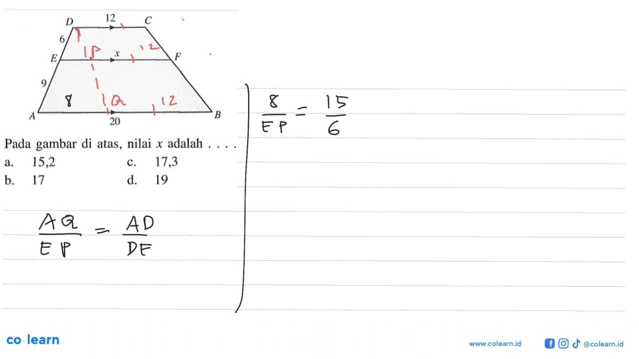 Pada gambar di atas, nilai x adalah ... .a. 15,2c. 17,3b.