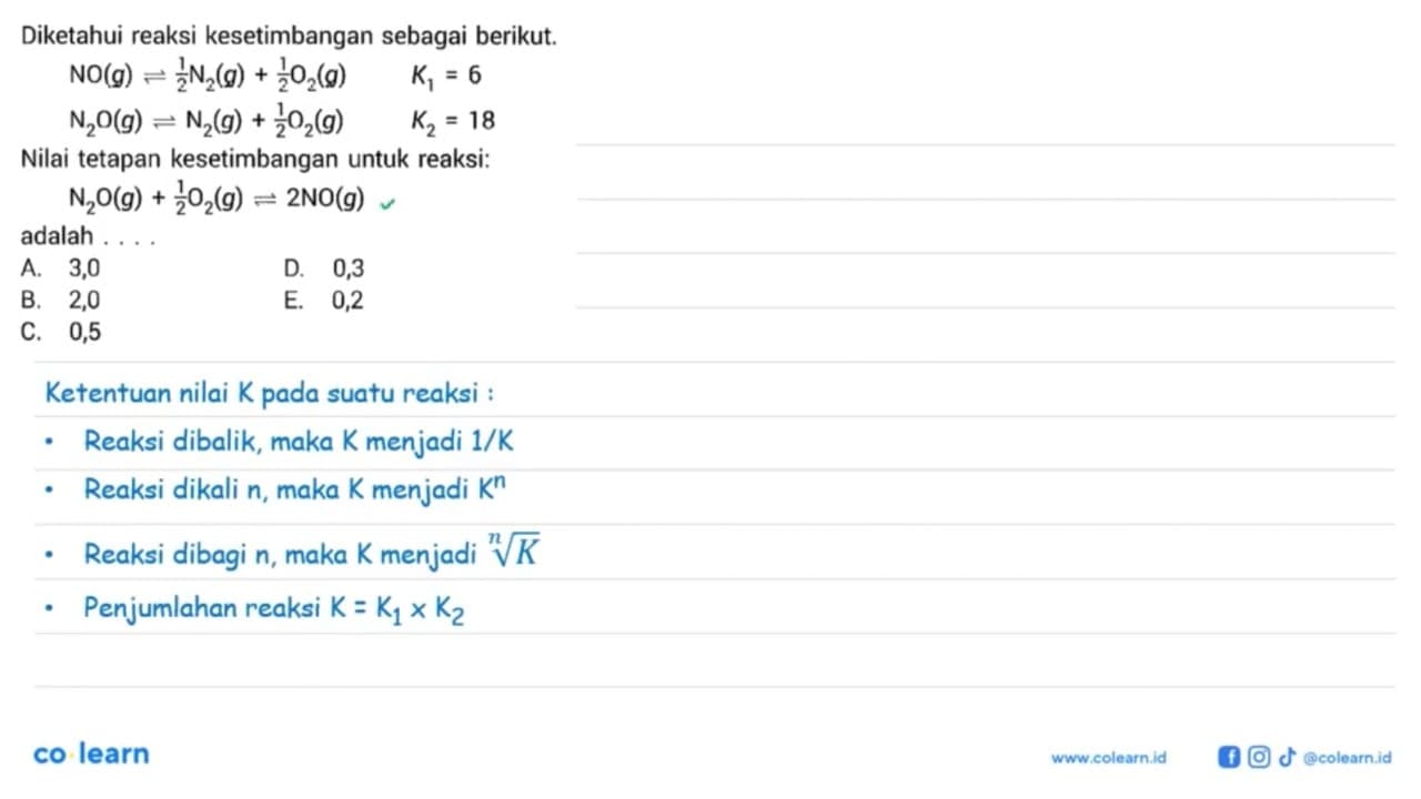 Diketahui reaksi kesetimbangan sebagai berikut.NO (g) <=>