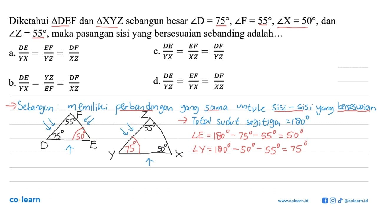 Diketahui segitiga DEF dan segitiga XYZ sebangun besar