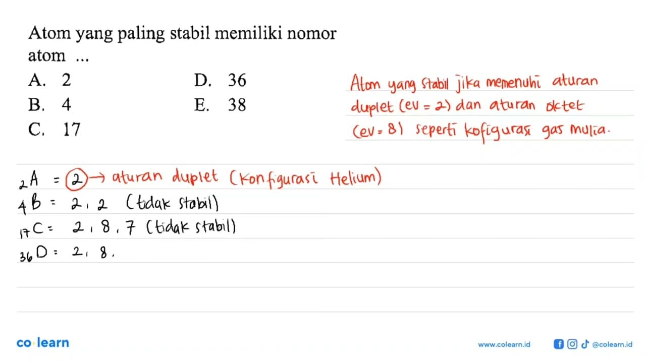 Atom yang paling stabil memiliki nomor atom ... A. 2 D. 36