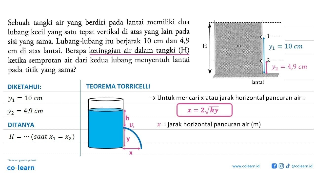 Sebuah tangki air yang berdiri pada lantai memiliki dua