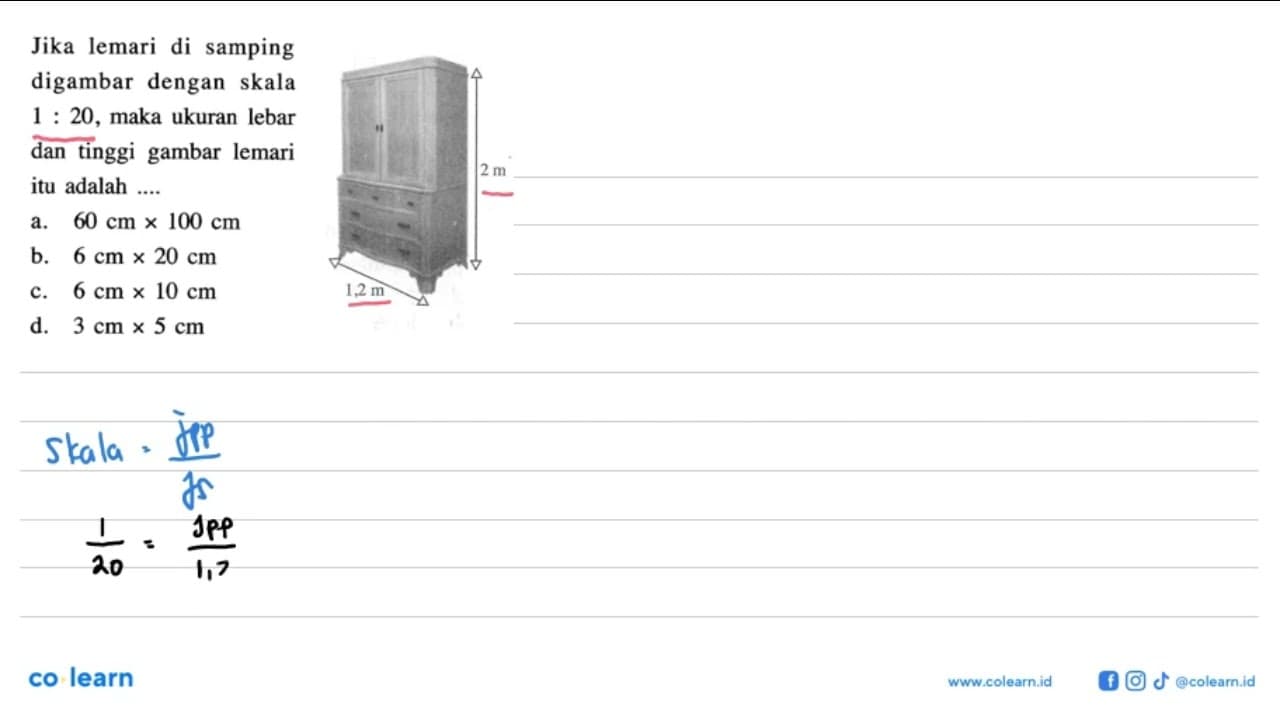 Jika lemari di samping digambar dengan skala 1: 20, maka