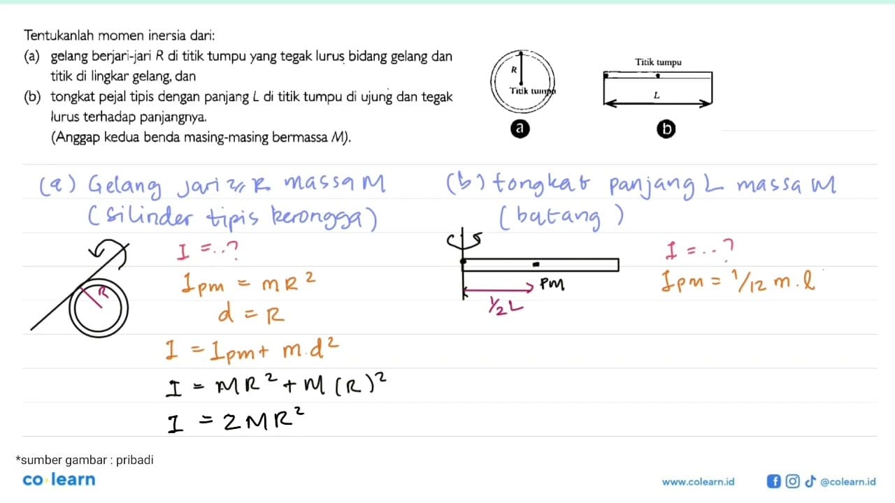 Tentukanlah momen inersia dari: (a) gelang berjari-jari R