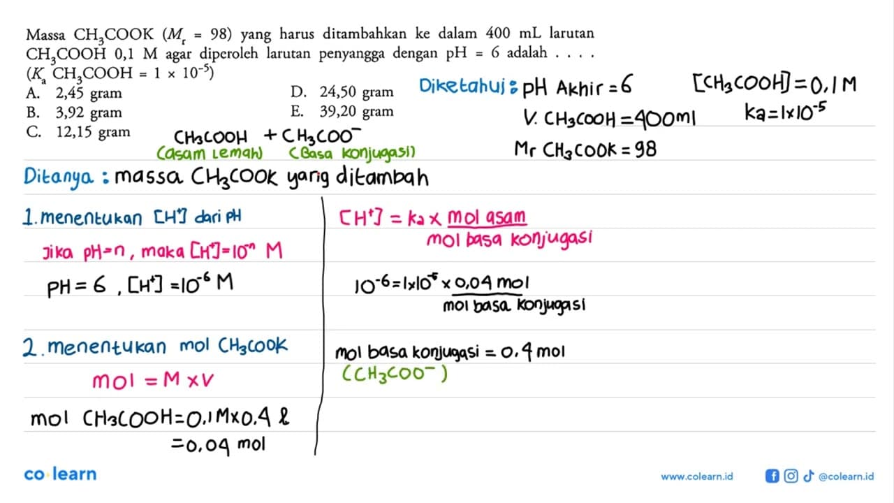 Massa CH3COOK(Mr=98) yang harus ditambahkan ke dalam 400 mL