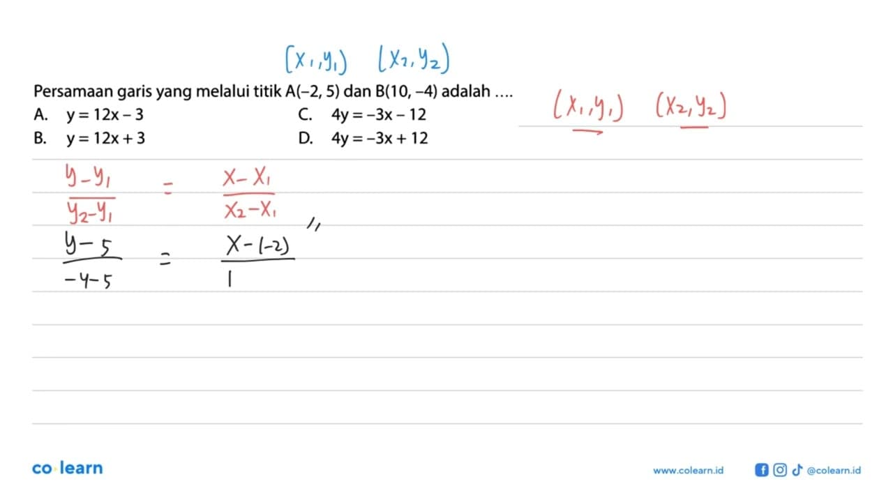 Persamaan garis yang melalui titik A(-2, 5) dan B(10, -4)