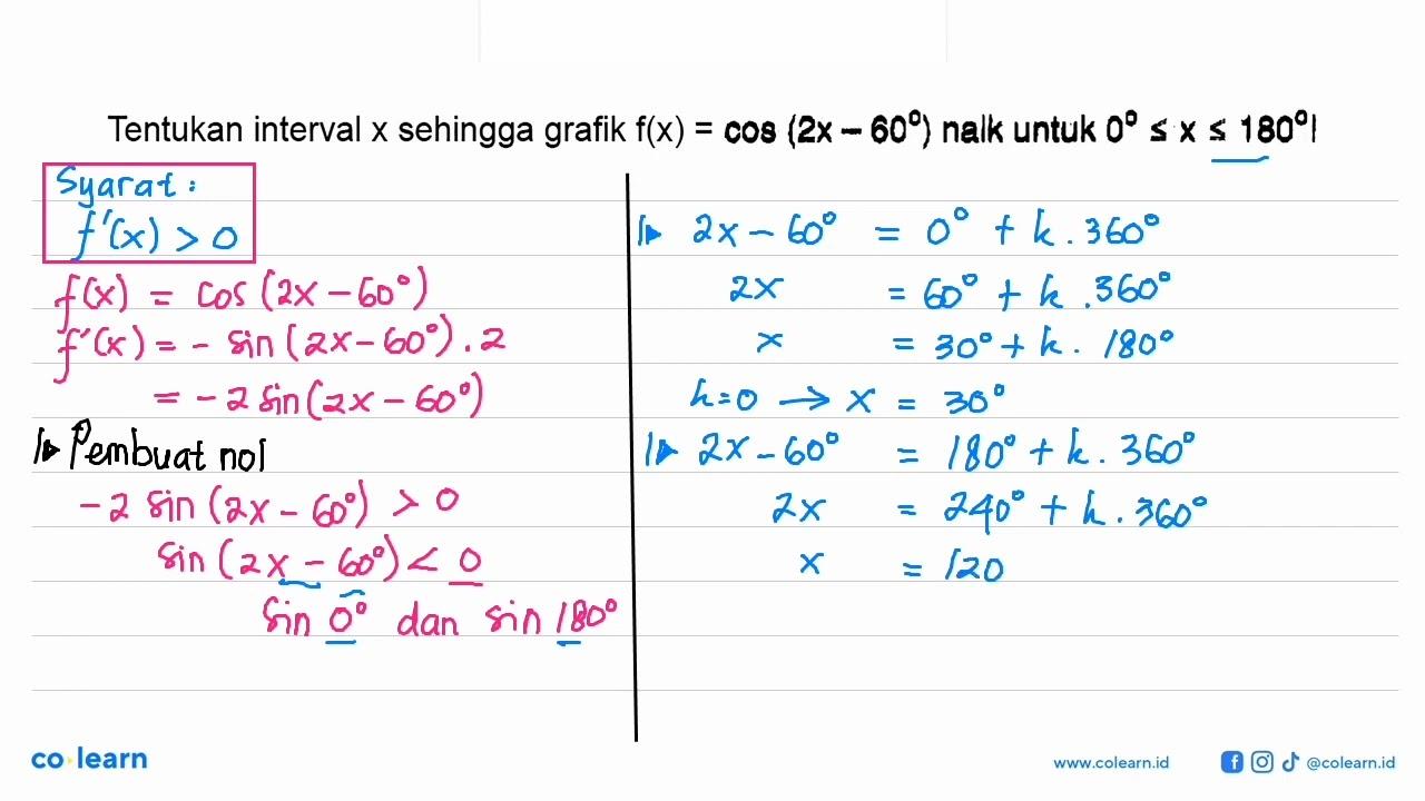 Tentukan interval x sehingga grafik f(x) = cos (2x - 60)