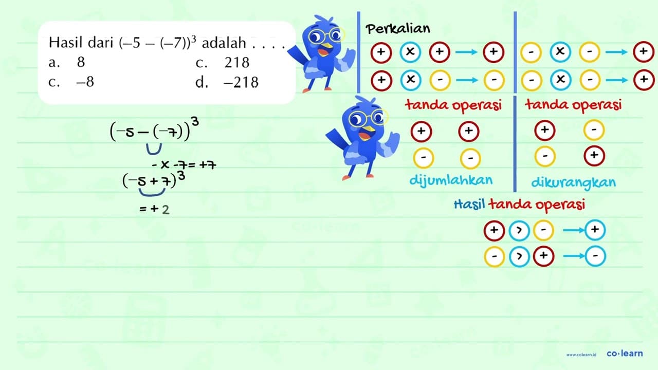 Hasil dari (-5 - (-7))^3 adalah ....