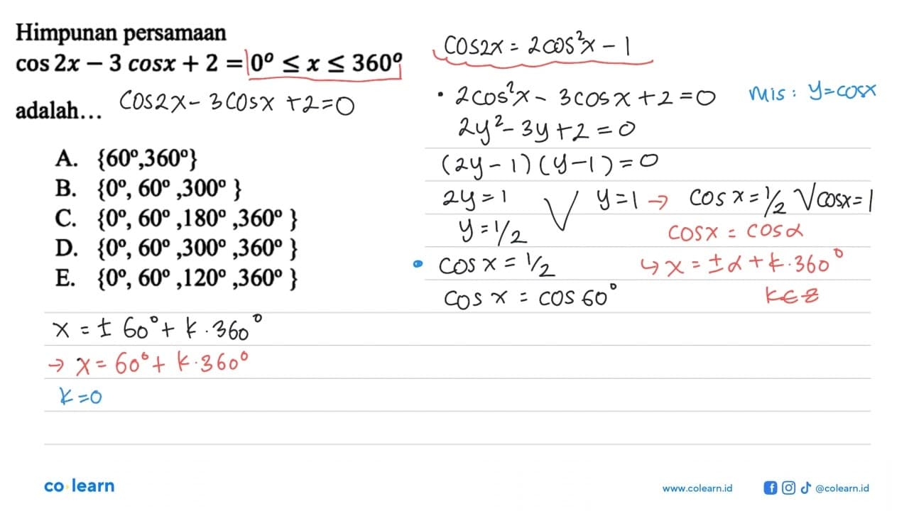 Himpunan persamaan cos2x-3cosx+2=0, 0<=x<=360 adalah...