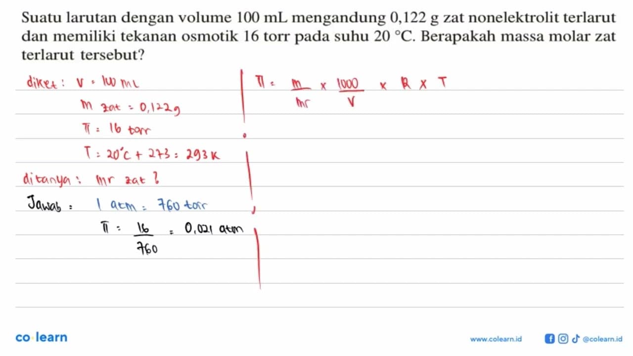 Suatu larutan dengan volume 100 mL mengandung 0,122 g zat