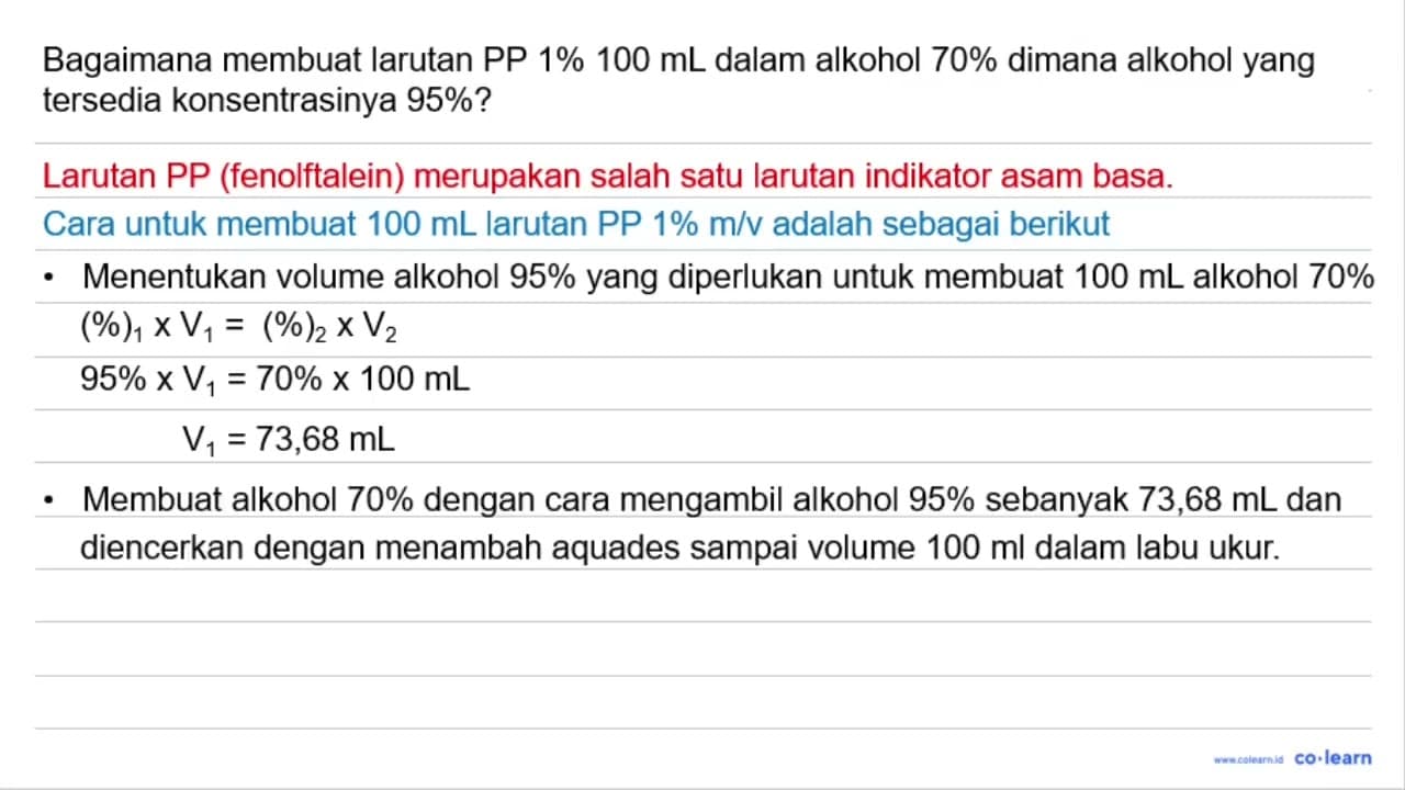 Bagaimana membuat lart PP 1 % 100 ml dalam alkohol 70 % ,