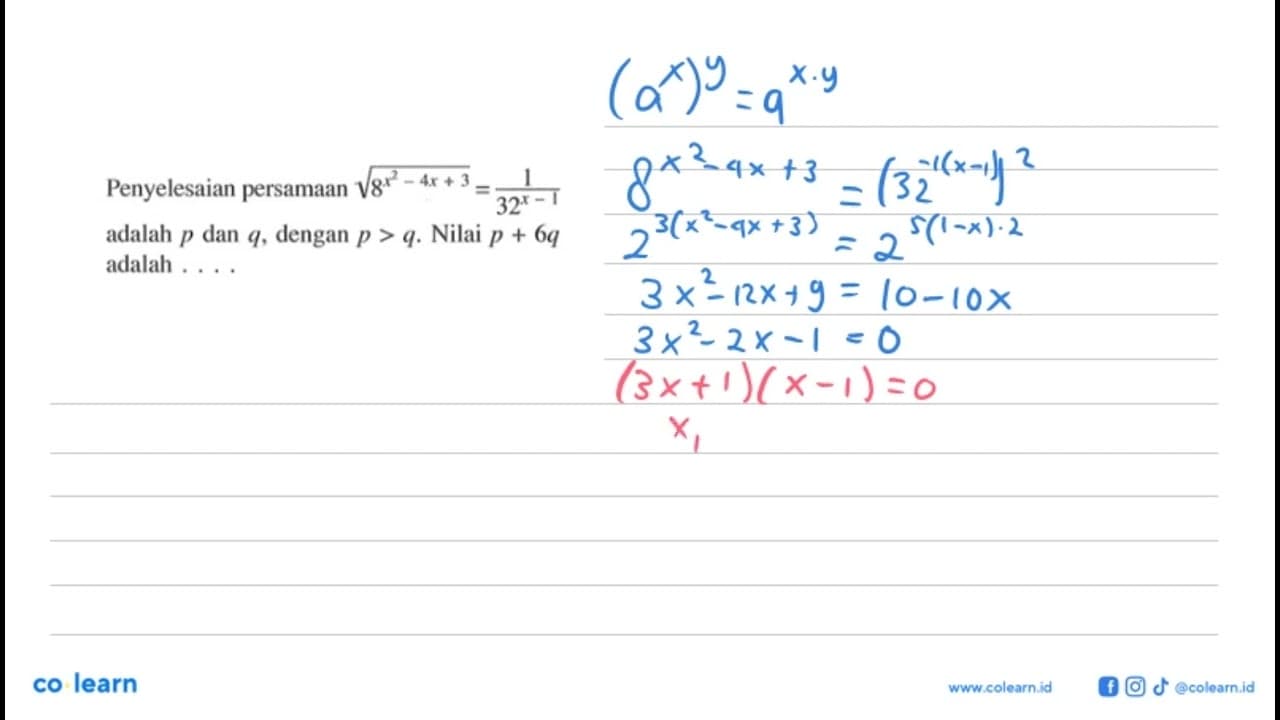 Penyelesaian persamaan akar(8^(x^2-4x+3))=1/32^(x-1) adalah